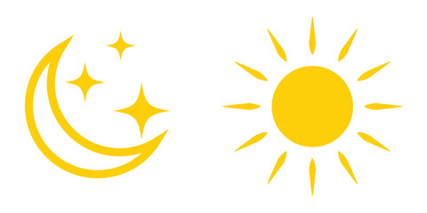 Bright vector drawing on white background. Sun, moon and star icon on white background.   Modern isolated vector icon set.  Vector icon set on white background.  isolated art work. EPS 10. 