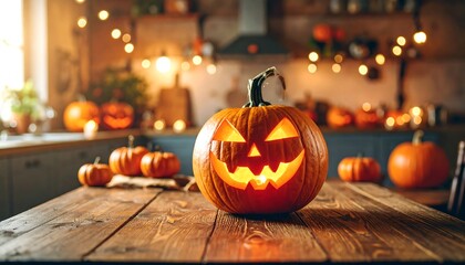 A carved pumpkin, illuminated from within, sits on a wooden table amidst other jack-o'-lanterns in a warm, autumnal kitchen setting.