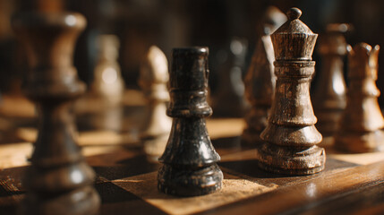 A close up of a chess board with chess pieces in focus under warm lighting conditions indoors