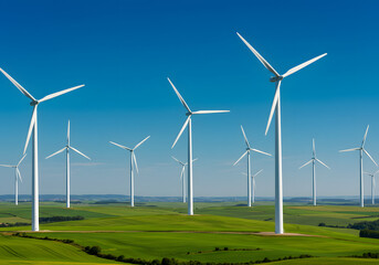 Fototapeta premium Wind Farm's Power: A vast wind farm against a vibrant blue sky. the harmonious dance of technology with natural elements. a representation of renewable energy.