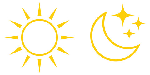 Bright outline vector drawing on white background. Sun, moon and star icon on white background.   Modern isolated vector icon set.  Vector icon set on white background.  isolated art work. EPS 10.