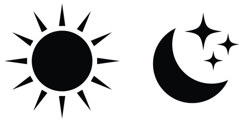 Black vector drawing on white background. Sun, moon and star icon on white background. EPS 10.  Modern isolated vector icon set.  Vector icon set on white background.  isolated art work. 
