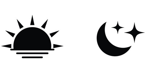 Black vector drawing on white background. Sun, moon and star icon on white background. EPS 10.  Modern isolated vector icon set.  Vector icon set on white background.  isolated art work. 