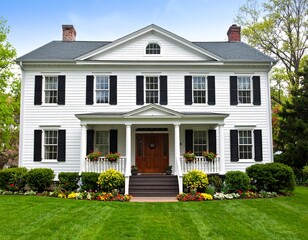 White Colonial House with Lush Landscaping