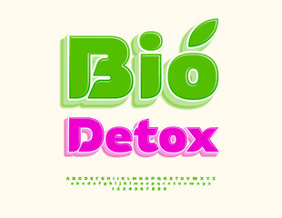 Vector Quality template Bio Detox. Beautiful Green 3D Font. Bright Alphabet Letters and Numbers set.