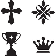 Art of collection of symbolic icons including a cross, ornate pattern, trophy, and crown
