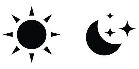 Black isolated sun, moon and star icon set.  Modern dark symbolic icon set on white background. Logotype art work.  EPS 10.  Vector icon set on white background. 