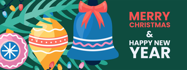Merry Christmas and Happy New Year banner with holiday decorations and festive text. Seasonal celebration concept.