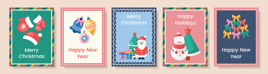 Set of five festive Christmas and New Year greeting cards with Santa, snowman, tree and gifts. Christmas concept.