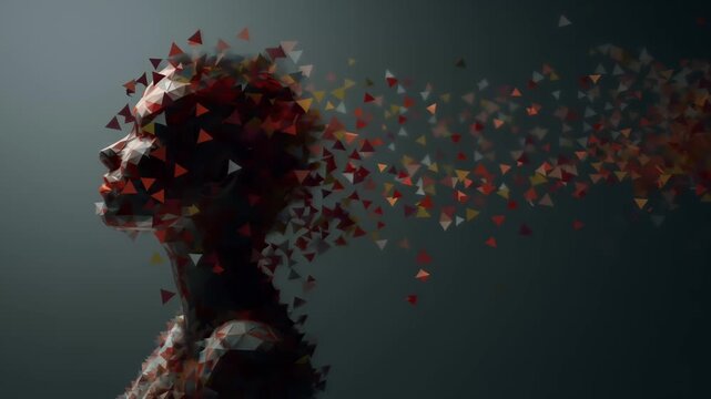 Striking VFX thumbnail featuring a polygonal portrait dissolving into particles, perfect for creative, tech, or cinematic commercial video projects