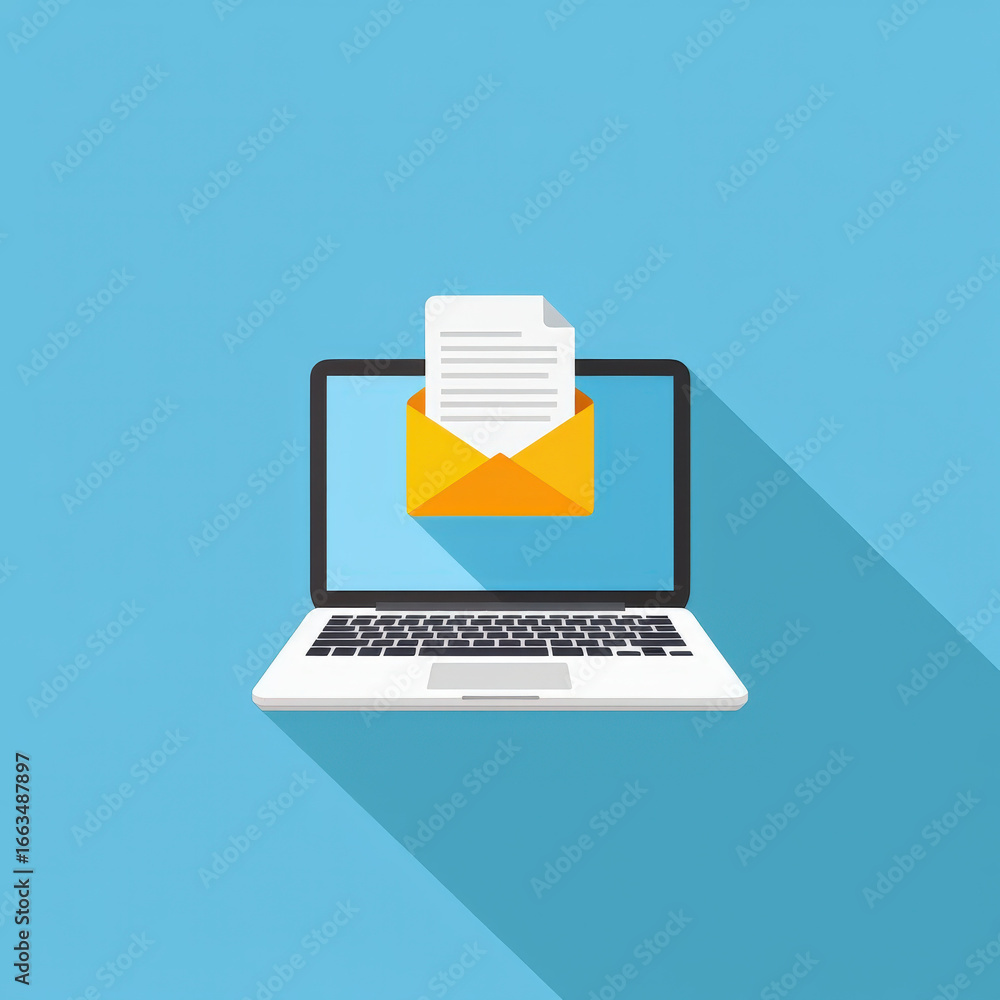 Poster digital illustration of a laptop displaying an envelope icon with a document emerging, symbolizing e