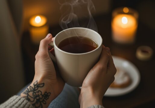 Cozy evening contemplation: hands holding warm beverage with soft candle illumination