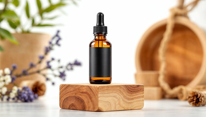 Naklejka premium Studio shot of brown glass dropper bottle on wooden block against white background