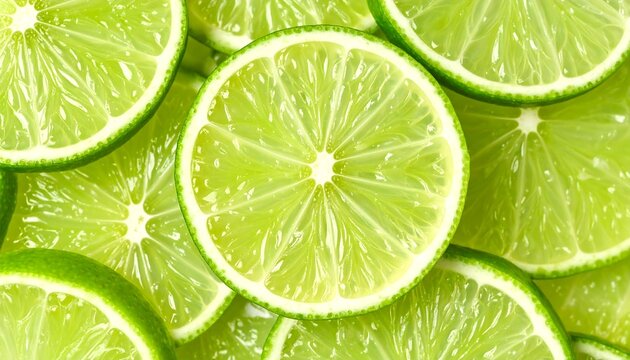 A vibrant display of perfectly sliced limes, showcasing their glistening green flesh and radiating a refreshing mood.