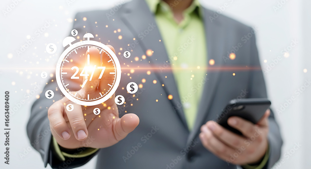 Poster businessman touching a glowing 247 service icon on a virtual interface while holding a smartphone, r