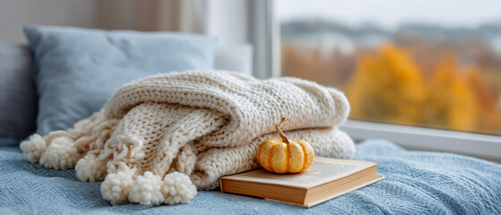Cozy Knit Throw and Hardcover Book on Sofa Arm — Left Copy Space