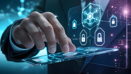 Hand interacting with futuristic digital security interface