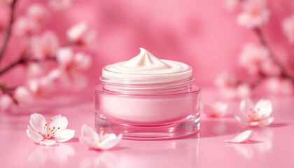 Studio shot of glass sakura cream jar with cherry blossom accents on pink background