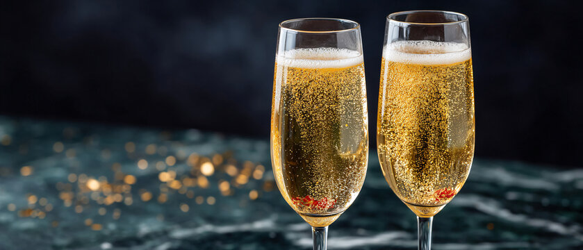 Elegant Champagne Coupes on Black Marble with Gold Confetti Bokeh — Right Copy Space
