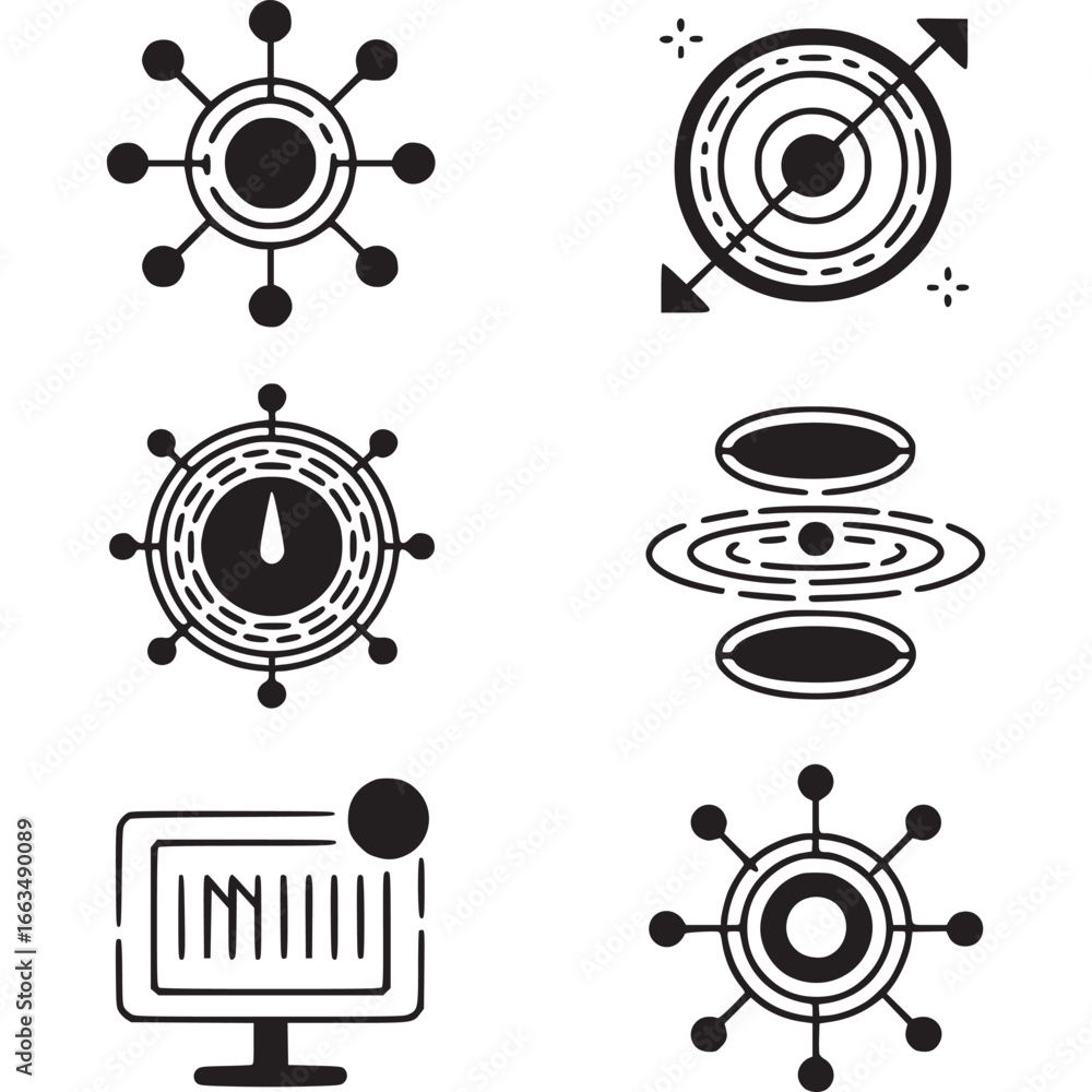 Poster art of group of six abstract geometric icons featuring circular designs, data visualization, and net