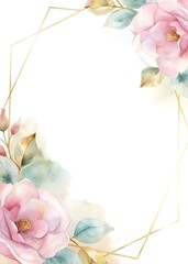 Modern Invitation Border with Geometric Gold Trim and Watercolor Florals 137