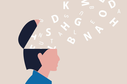 Many English words (alphabet) pop from a person&rsquo;s open head or fly into a person&rsquo;s open head