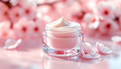 Studio shot of glass sakura cream jar with cherry blossom accents on pink background