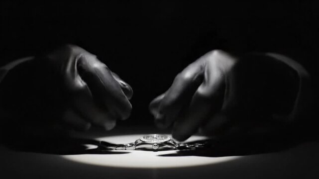 Hands in Gloves Holding a Pocket Watch.