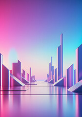 Neon Cityscape: A futuristic cityscape shimmers with neon lights in a vivid gradient of colors, with architectural details in a captivating scene.