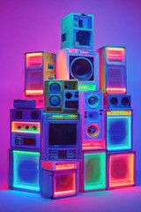 Stacked retro electronics, vibrant neon lights
