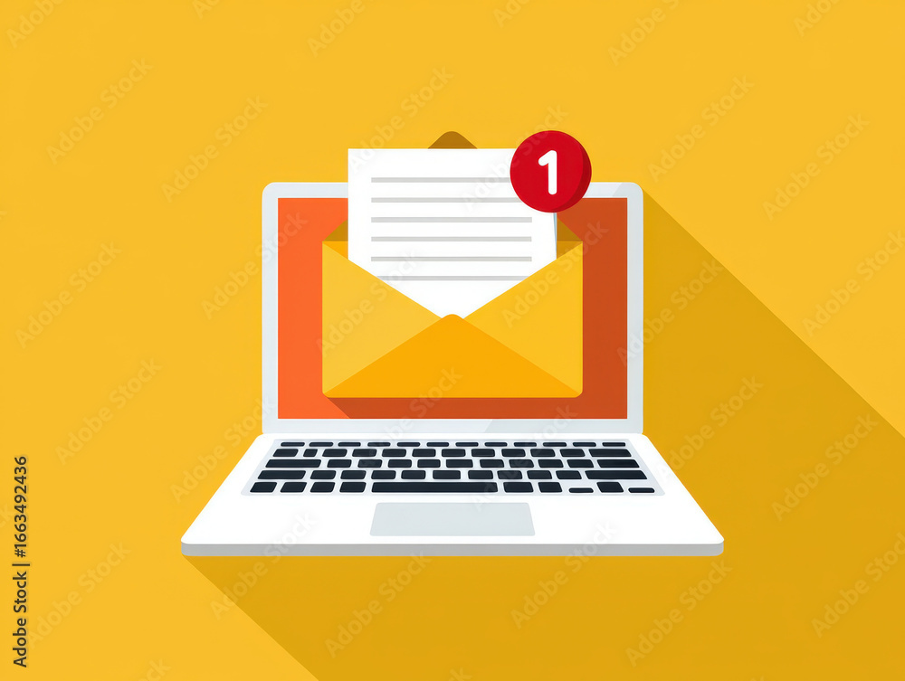 Fototapete email notification on laptop screen with envelope icon and red notification badge, illustrating digi