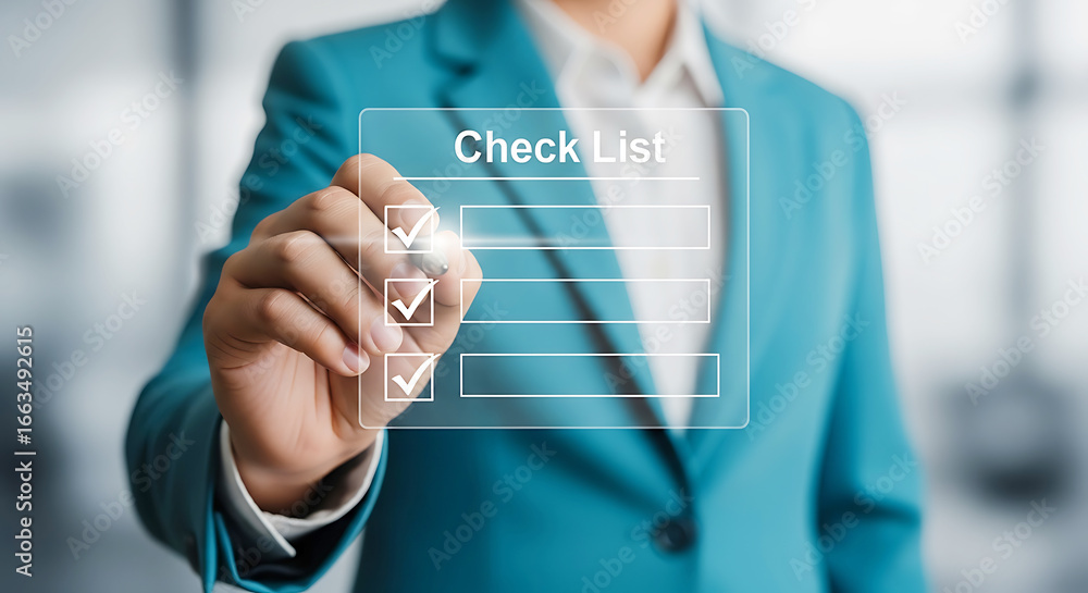 Poster closeup of a person in a suit marking a checklist on a virtual screen with a pen, indicating task co