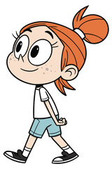 Cartoon character with large eyes, freckles, and red hair in a ponytail, wearing a white t‑shirt, light blue shorts, white socks, and black sneakers, walking with hands clasped behind the back.