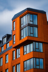 Obraz premium closeup of modern wooden building facades blending traditional aesthetics with contemporary design