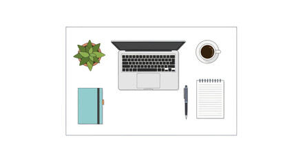 Obraz premium Flatlay illustration of a workspace with laptop, notebook, pen, succulent plant, and coffee cup.