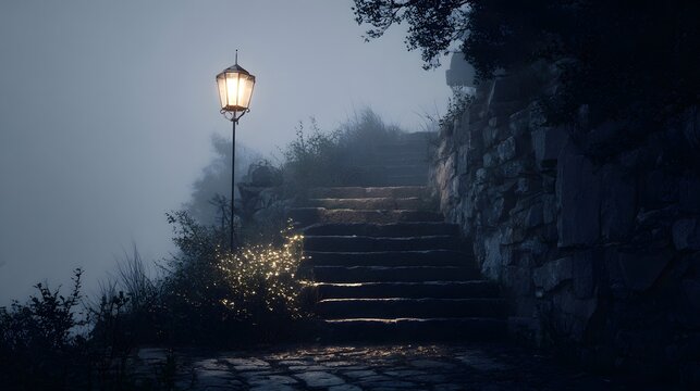 Night scene of foggy stairs illuminated by a vintage street lamp creating a mysterious atmosphere outdoors - Powered by Adobe