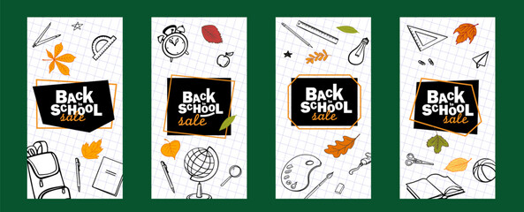 Back to School Sale web banners featuring hand drawn school supplies and autumn leaves on a grid background. Perfect for online promotions, ads, and educational campaigns