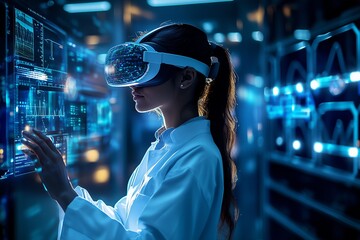 Girl in augmented reality glasses against the background of virtual monitors