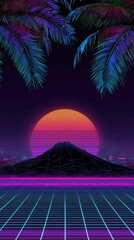 Naklejka premium Retro-futuristic landscape with vibrant sunset, palm trees, and glowing grid