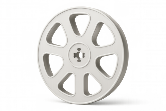 Spinning white film reel representing cinematic storytelling, media production against transparent backdrop