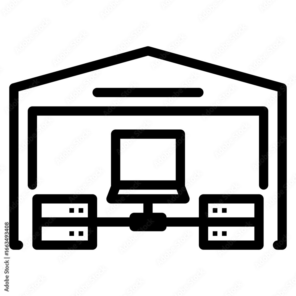 Poster data center icon showing computer connected to servers