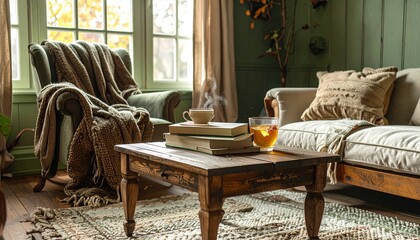 A cozy lifestyle setup with warm lighting, soft blankets, and a rustic wooden table holding books and herbal tea