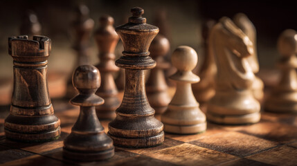 A close up of wooden chess pieces including rook, pawn, king, and knight on a chess board