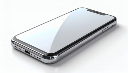 Sleek modern smartphone with a blank reflective screen for mock-up, isolated on a clean white background representing digital communication