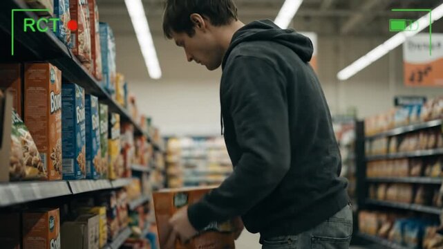 Man Shopping for Cereal in Grocery Store Aisle.