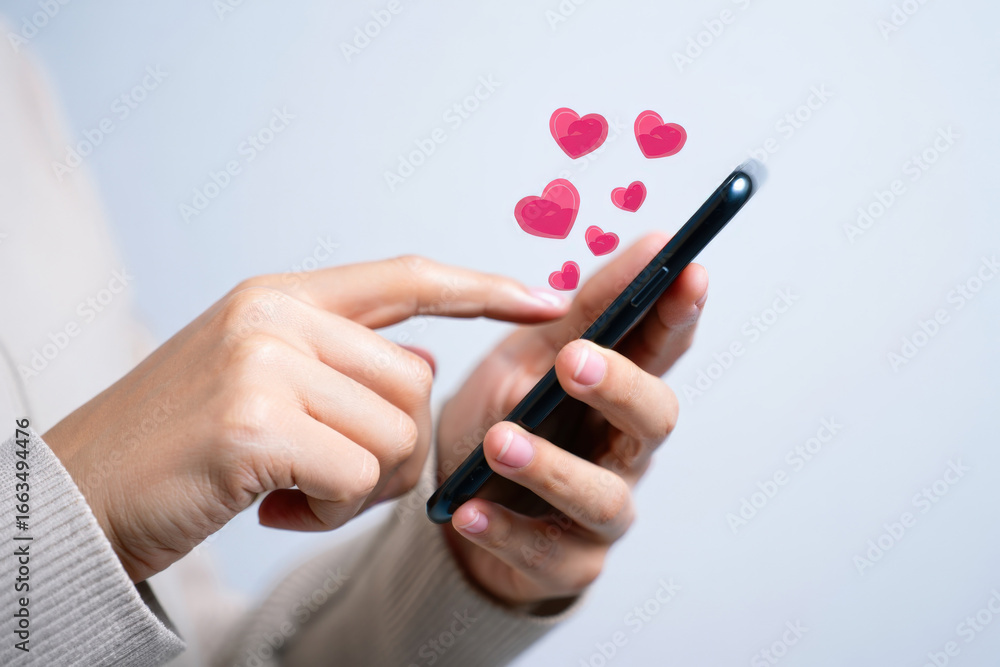 Poster engaging with social media on a smartphone a close up of fingers tapping on a screen with heart icon