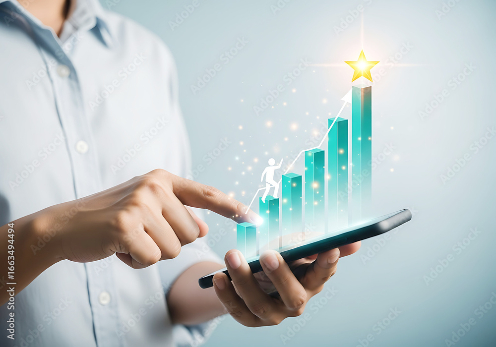Poster person using a smartphone to view a glowing digital bar graph showing business growth and success wi
