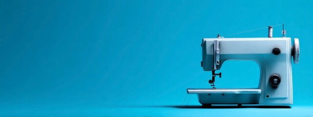 Vintage Sewing Machine on Bright Blue Background