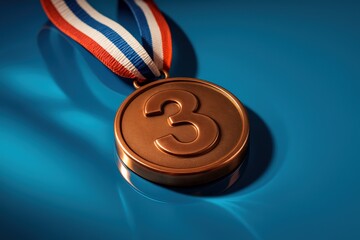 Bronze 3rd place medal on blue background. Use for sports ads, achievement promotions, award branding and competition event marketing
