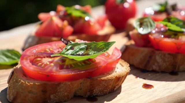 Fresh bruschetta appetizer with tomatoes and basil on wood board